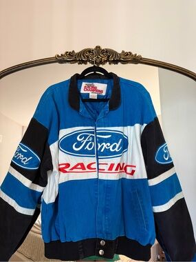 Vintage Ford Racing Men's Blue and Black Racing Jacket size L